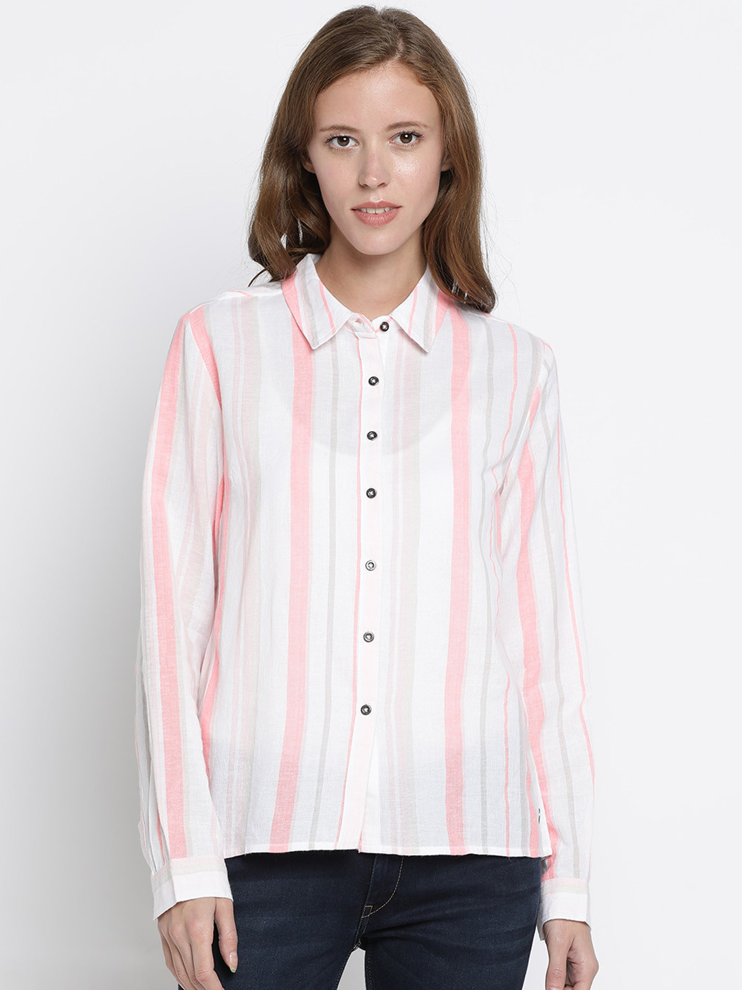 

Pepe Jeans Women Pink & Off-White Regular Fit Striped Casual Shirt