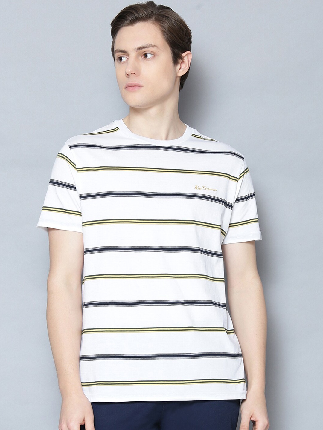 

BEN SHERMAN Men White Navy Blue Striped Round Neck Cotton Pure Cotton T-shirt