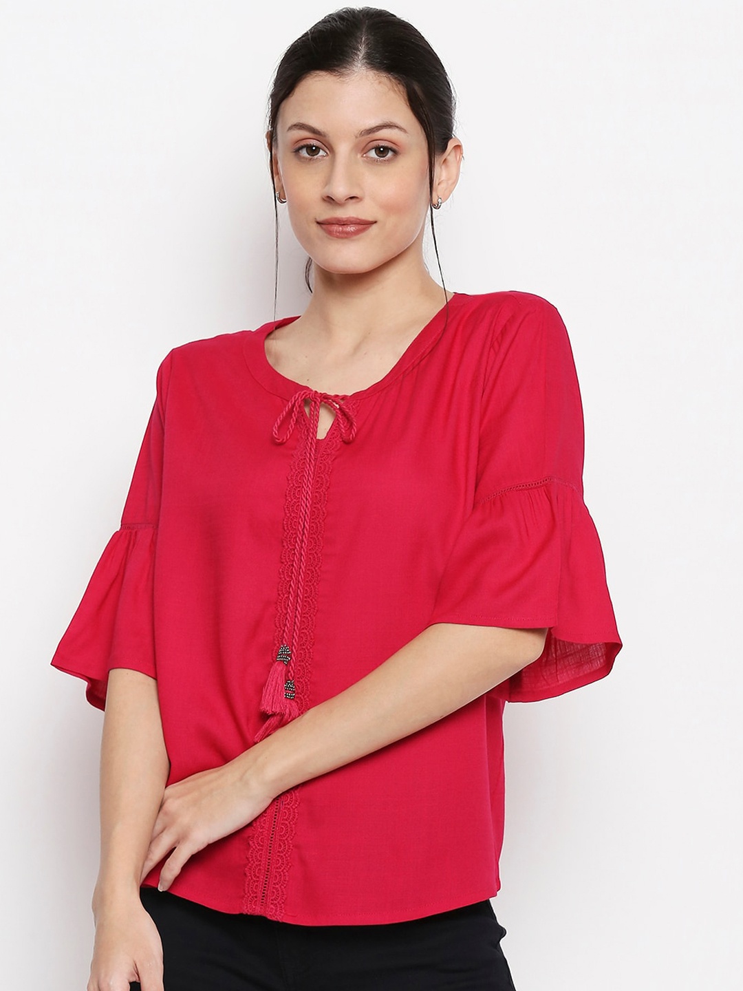

People Pink Tie-Up Neck Bell Sleeves Top