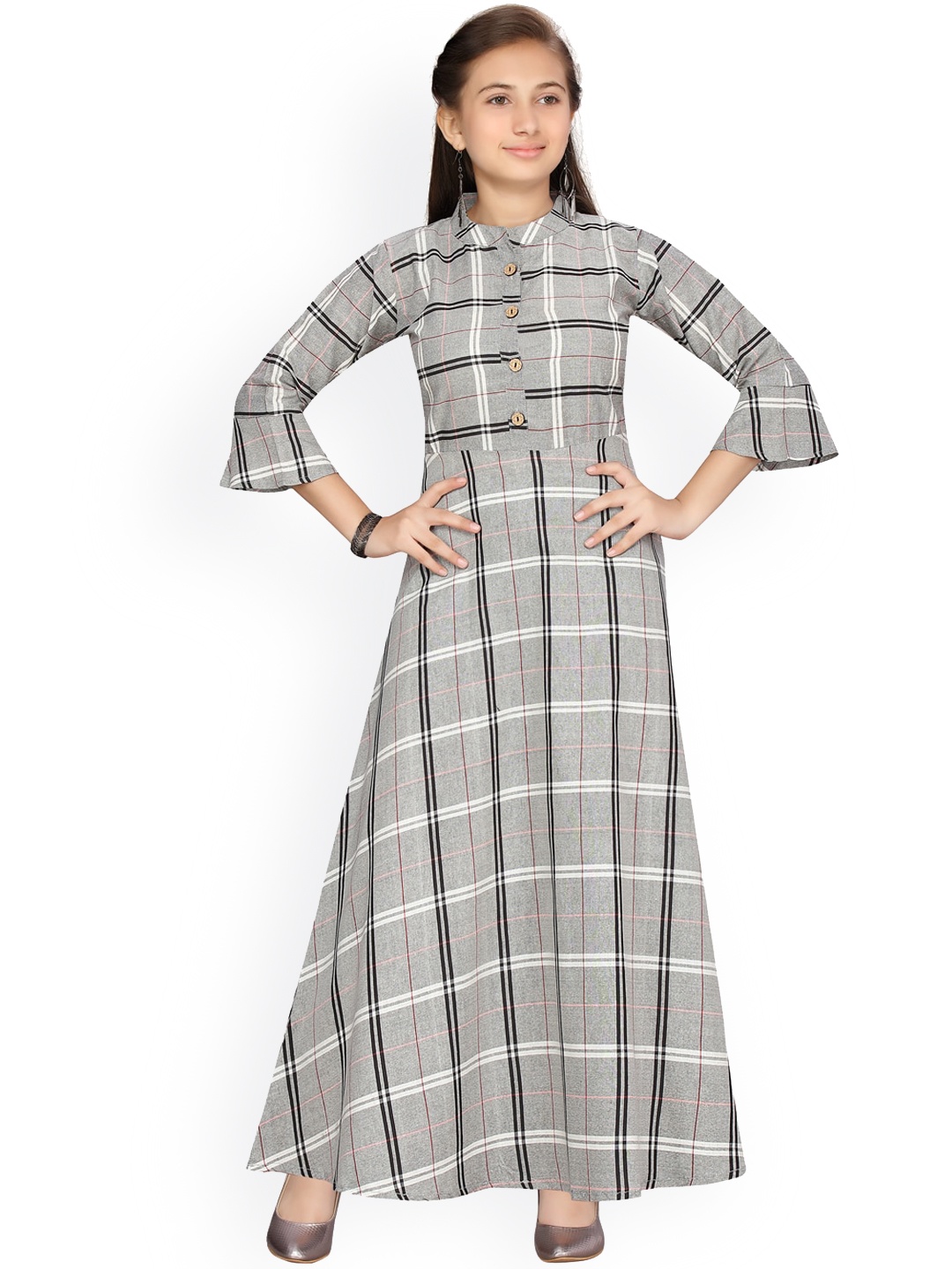 

Aarika Girls Grey Checked Maxi Dress