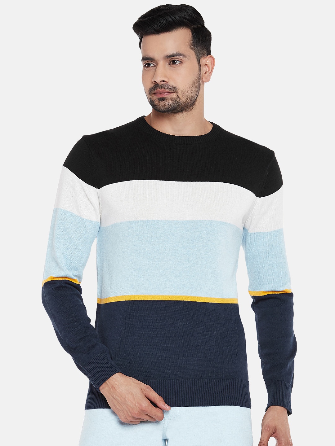 

BYFORD by Pantaloons Men Navy Blue & White Striped Sweater
