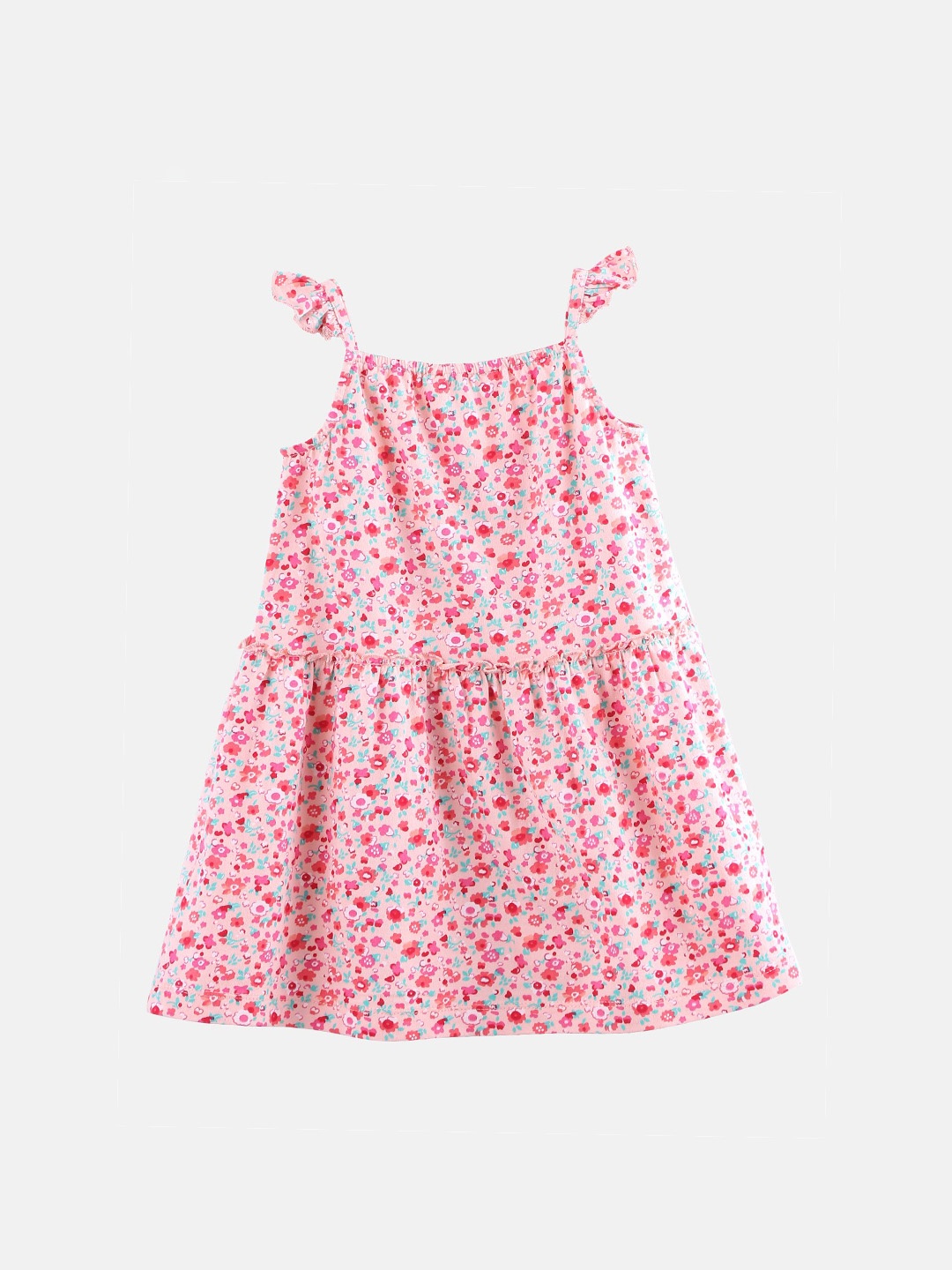 

Beebay Infant Girls Peach-Coloured & Green Floral Printed A-Line Dress