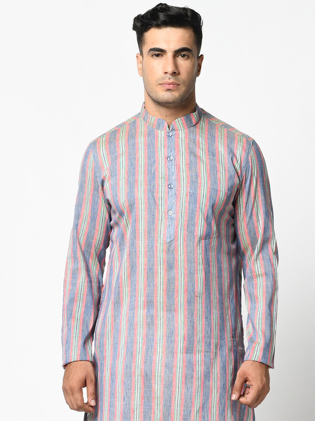 

LAMAAYA Men Blue & White Striped Kurta with Churidar