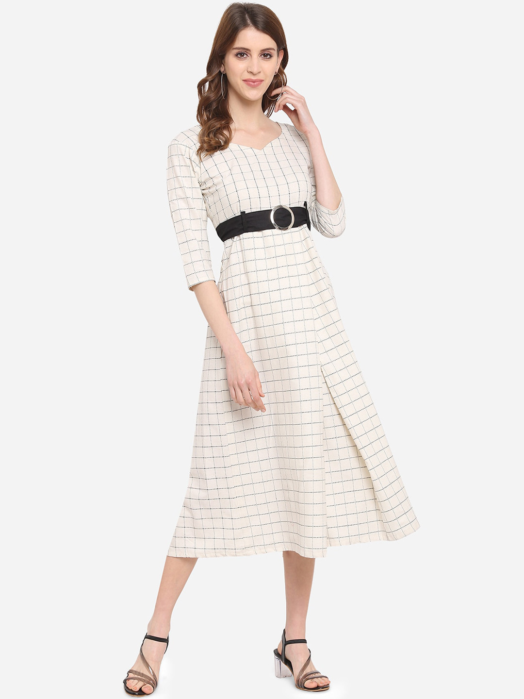 

Youthnic Women White Checked Fit and Flare Dress