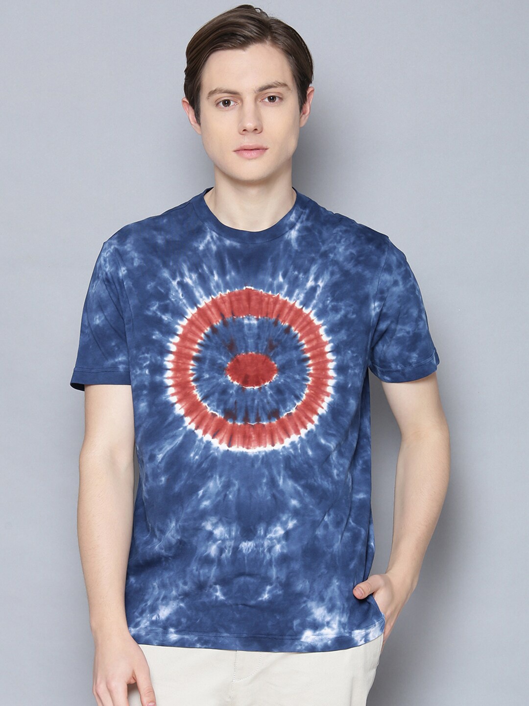 

BEN SHERMAN Men Blue Dyed Round Neck Organic Cotton T-shirt