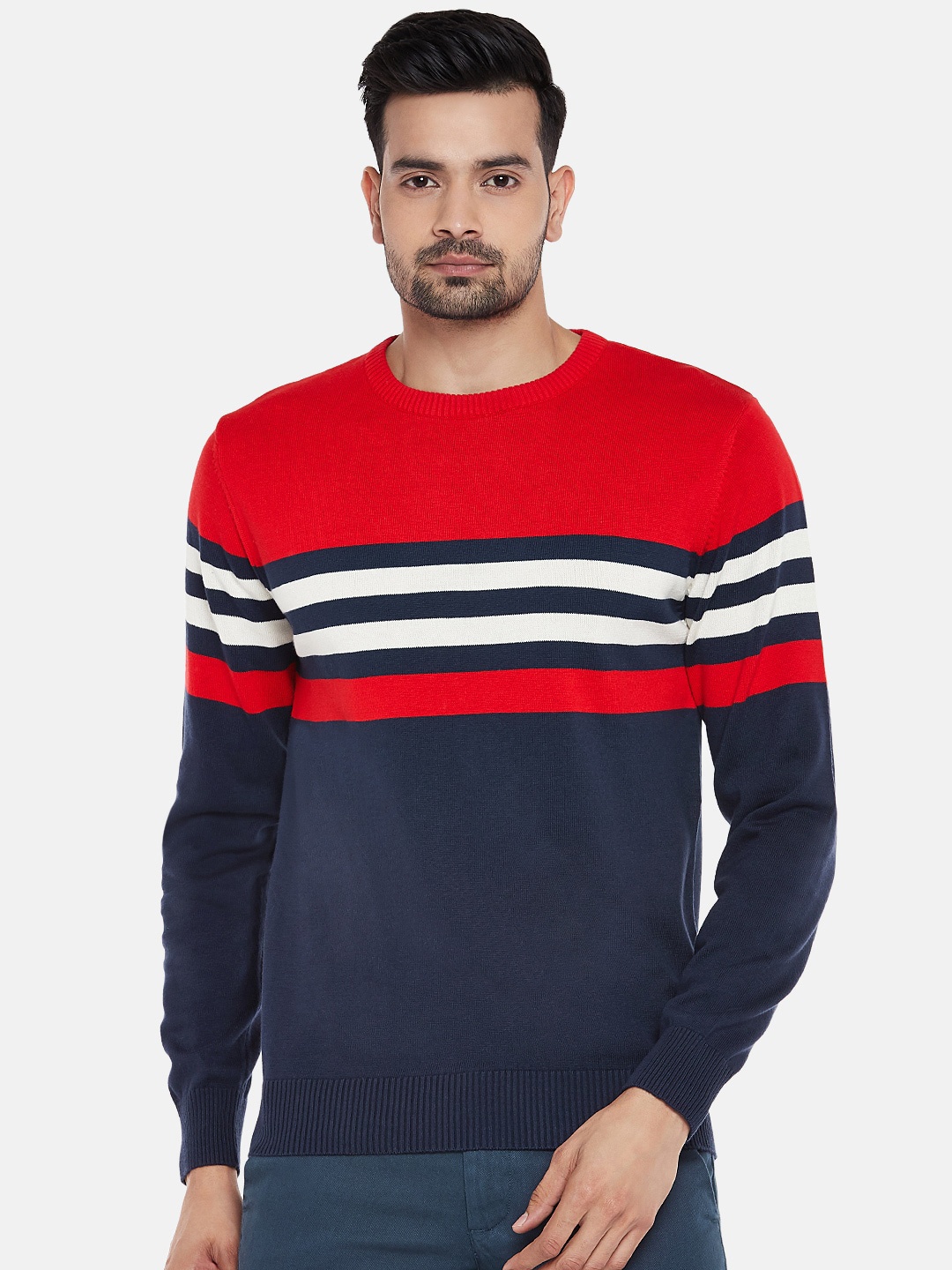 

BYFORD by Pantaloons Men Navy Blue Striped Pullover Sweater
