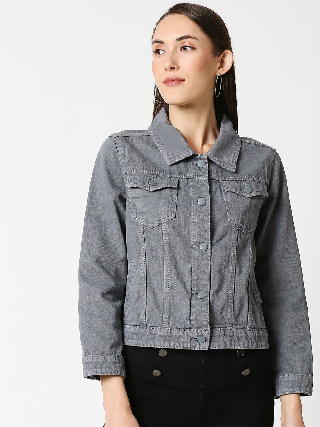 

High Star Women Grey Solid Stretchable Denim Jacket