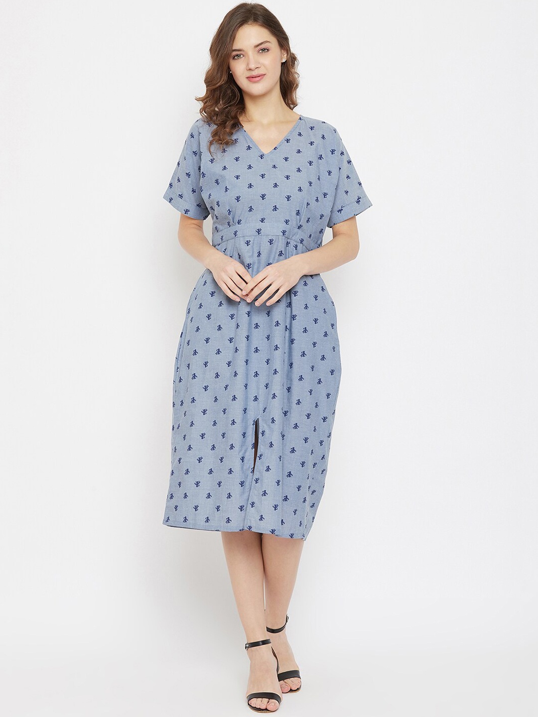 

The Kaftan Company Women Blue Printed Cotton A-Line Dress