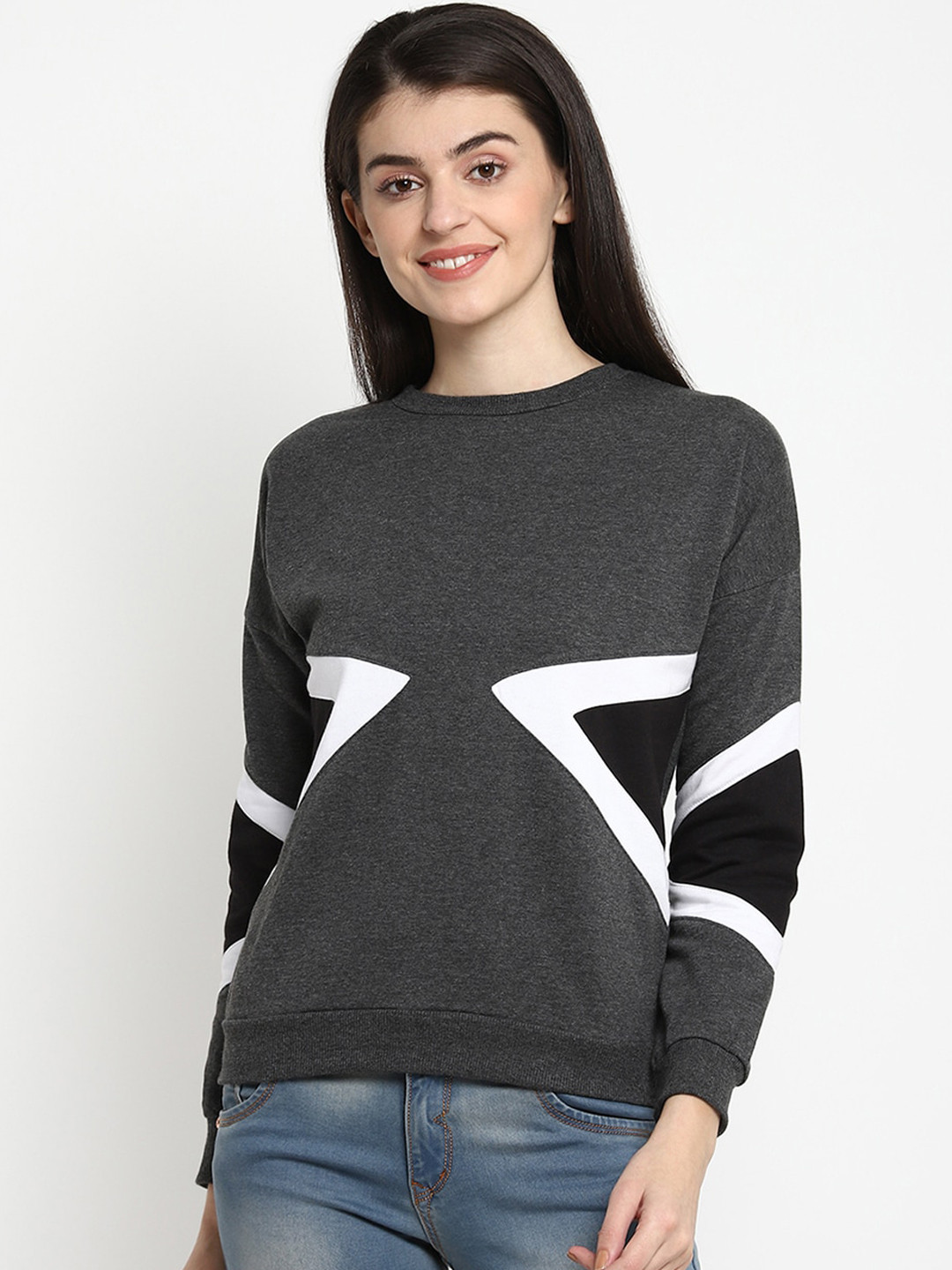 

THREAD MUSTER Women Grey & White Colourblocked Sweatshirt