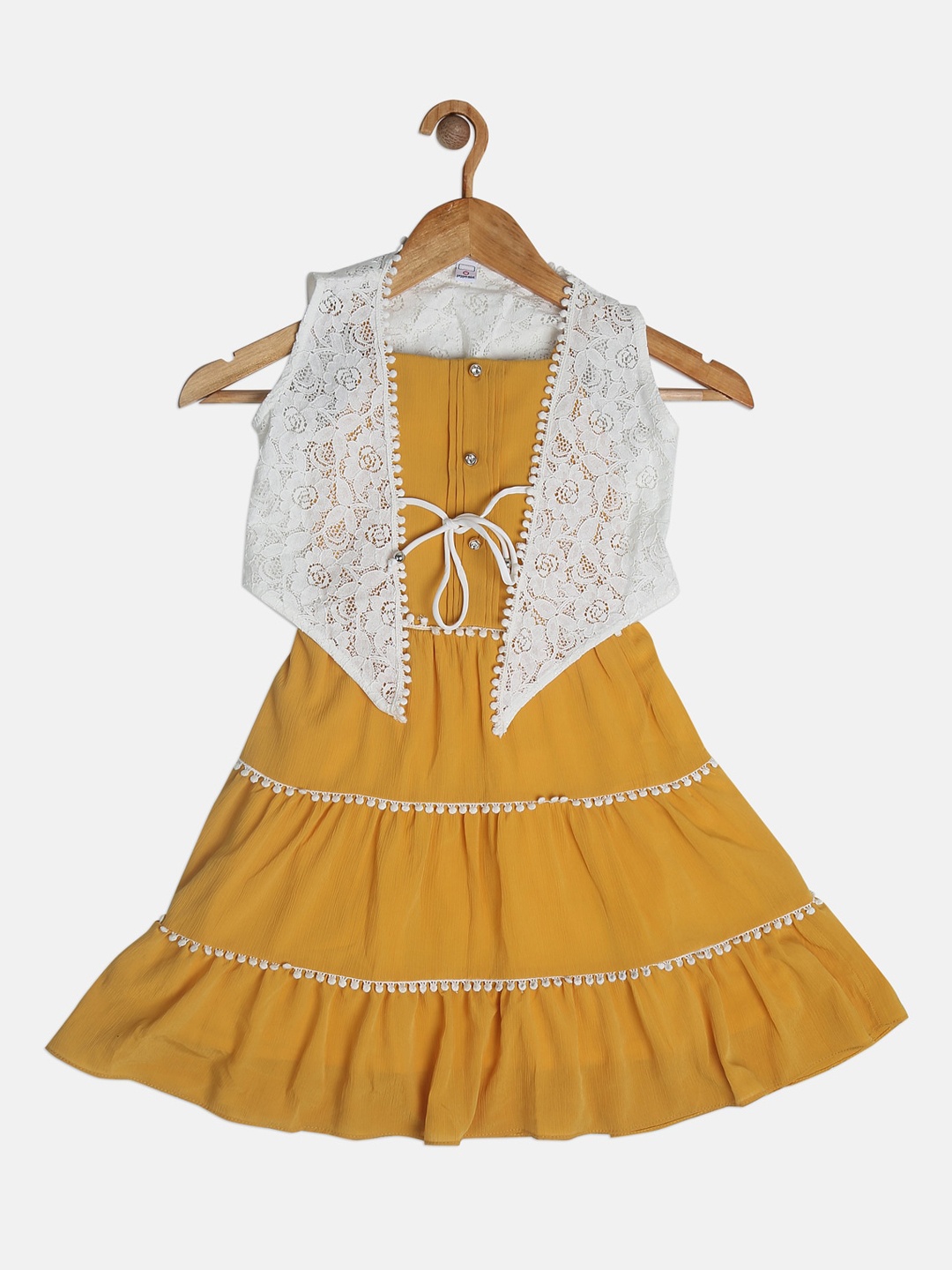 

Peppermint Girls Mustard Yellow Solid A-Line Dress with Off-White Self Design Shrug