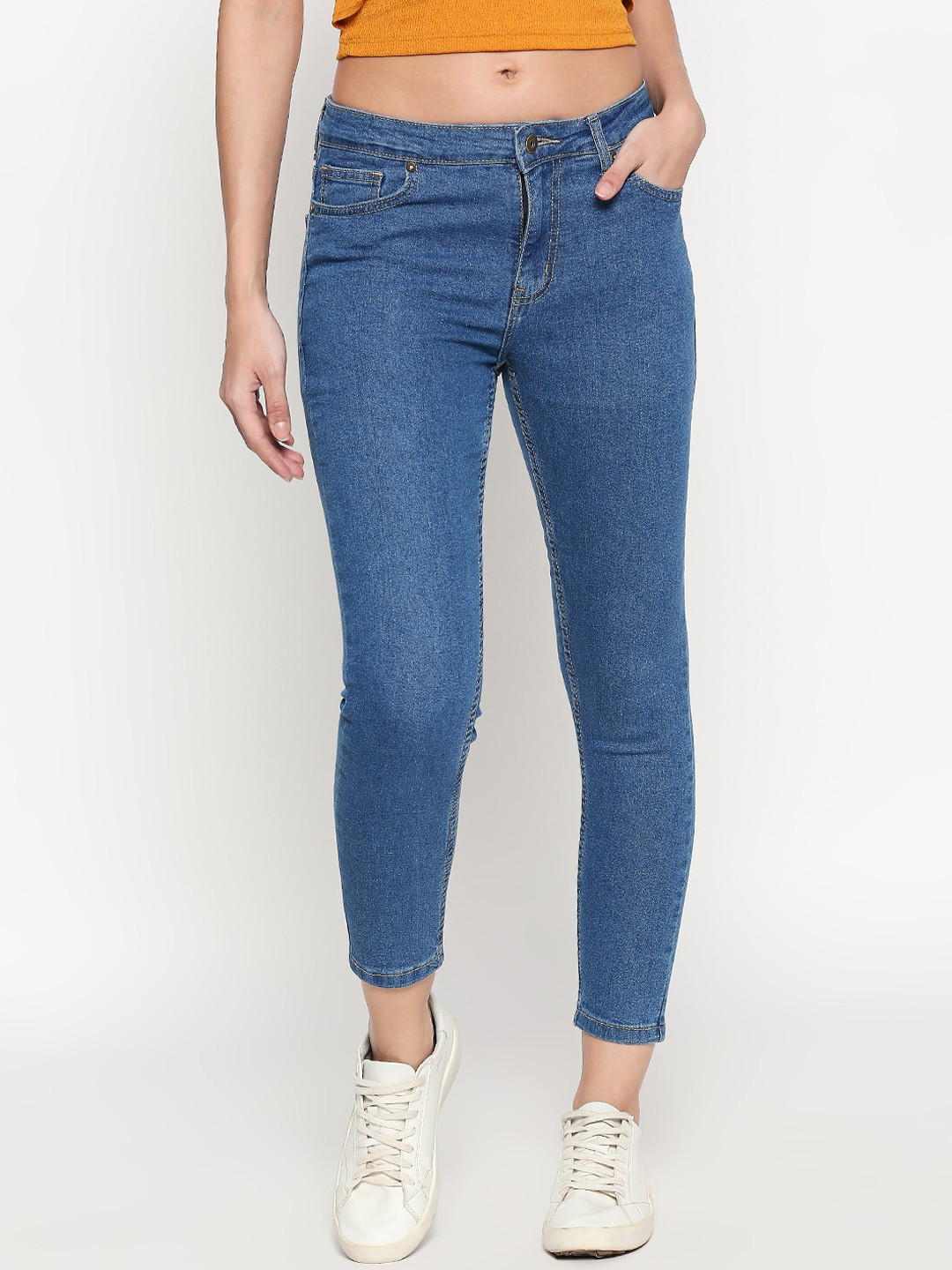 

People Women Blue Skinny Fit Mid-Rise Clean Look Cotton Jeans