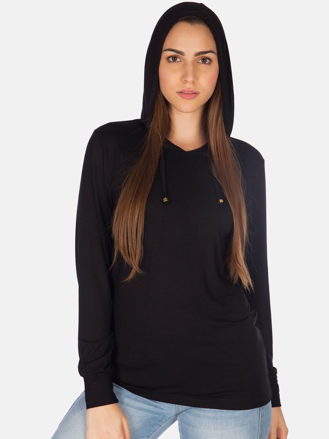 

Smugglerz Women Black Solid Hooded Sweatshirt