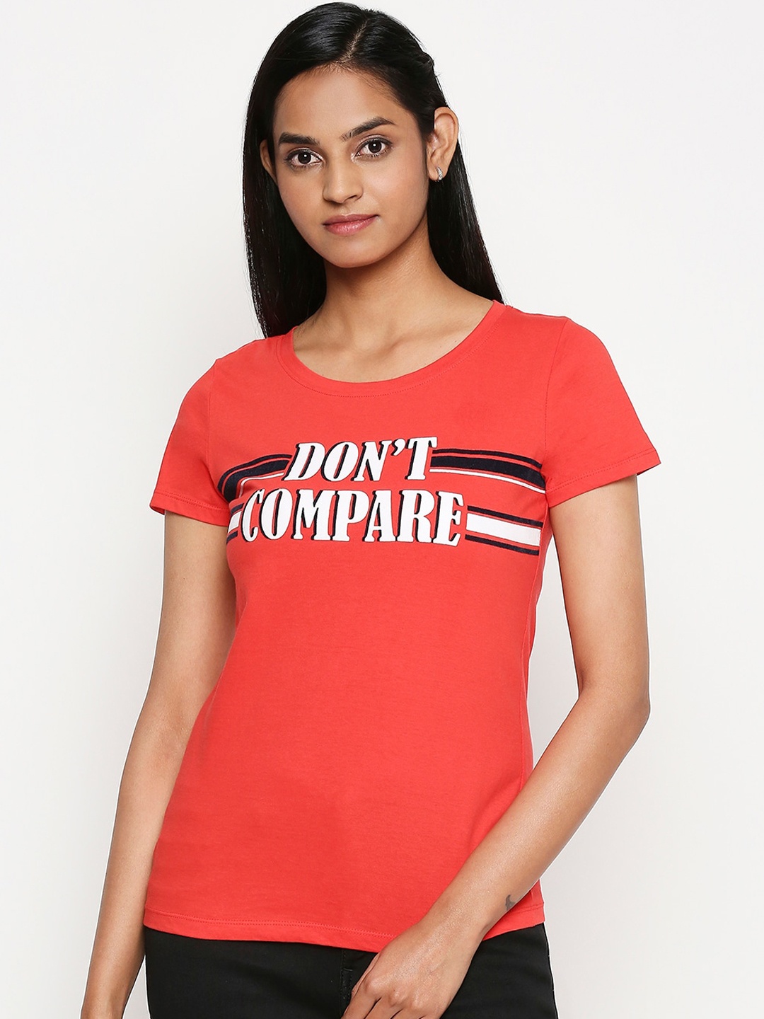 

Honey by Pantaloons Women Red White Printed Round Neck Cotton Pure Cotton T-shirt