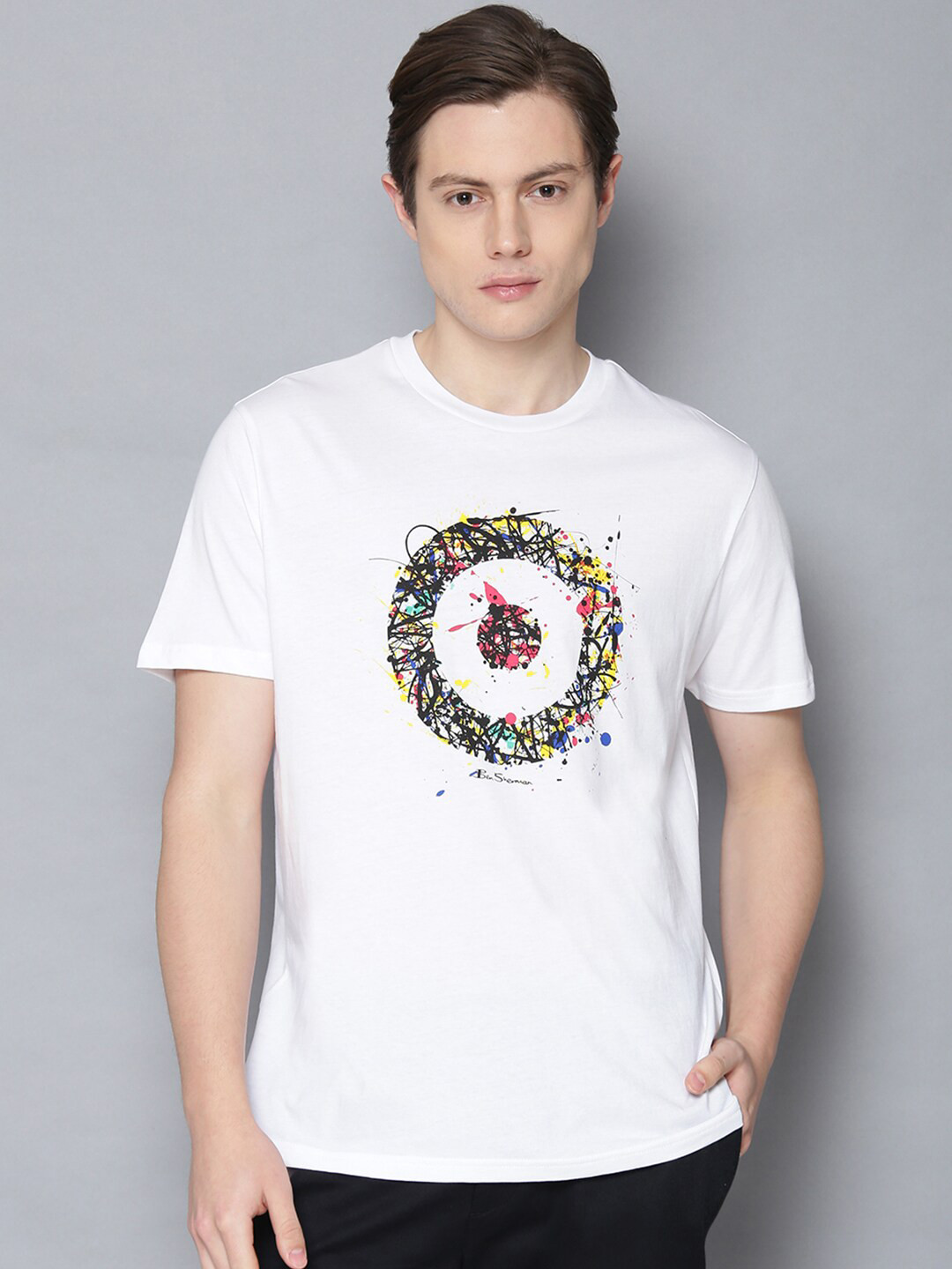 

BEN SHERMAN Men White Printed Round Neck Organic Cotton T-shirt