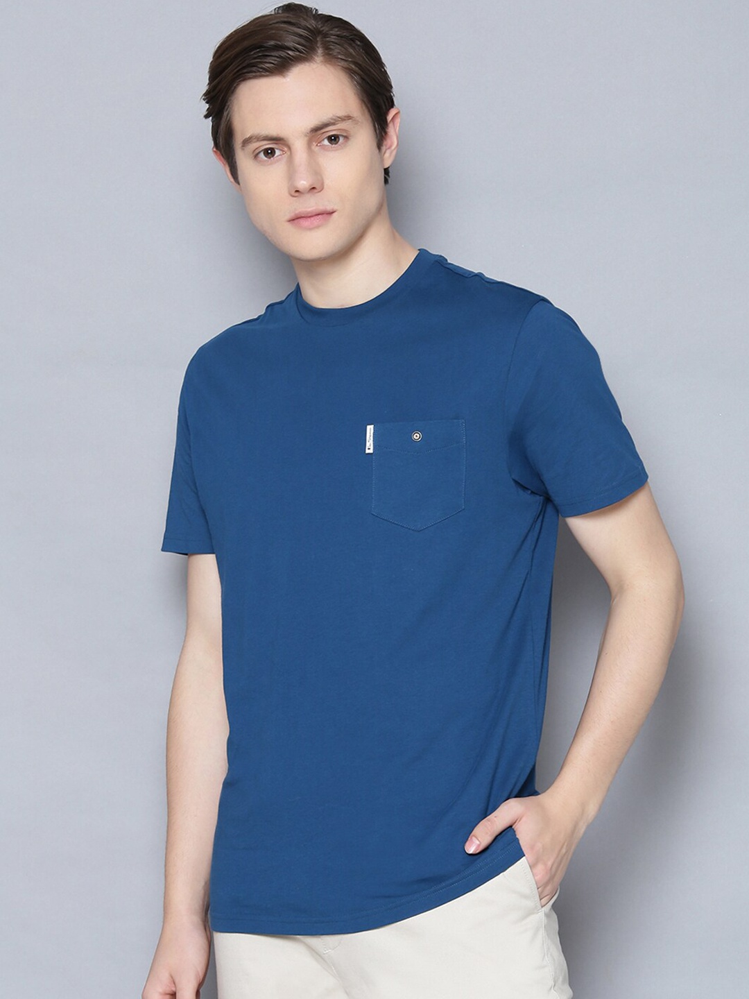 BEN SHERMAN Men Blue Pure Cotton Solid Round Neck Organic Cotton T-shirt