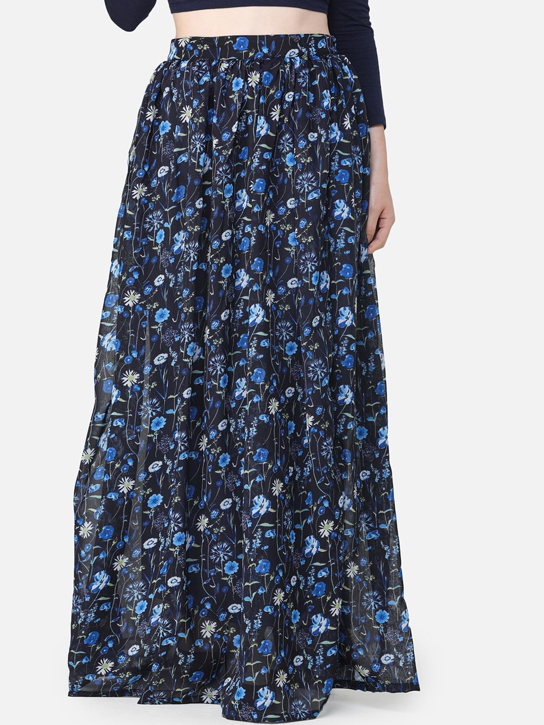 

SCORPIUS Women Black & Blue Floral Print Flared Maxi Skirt