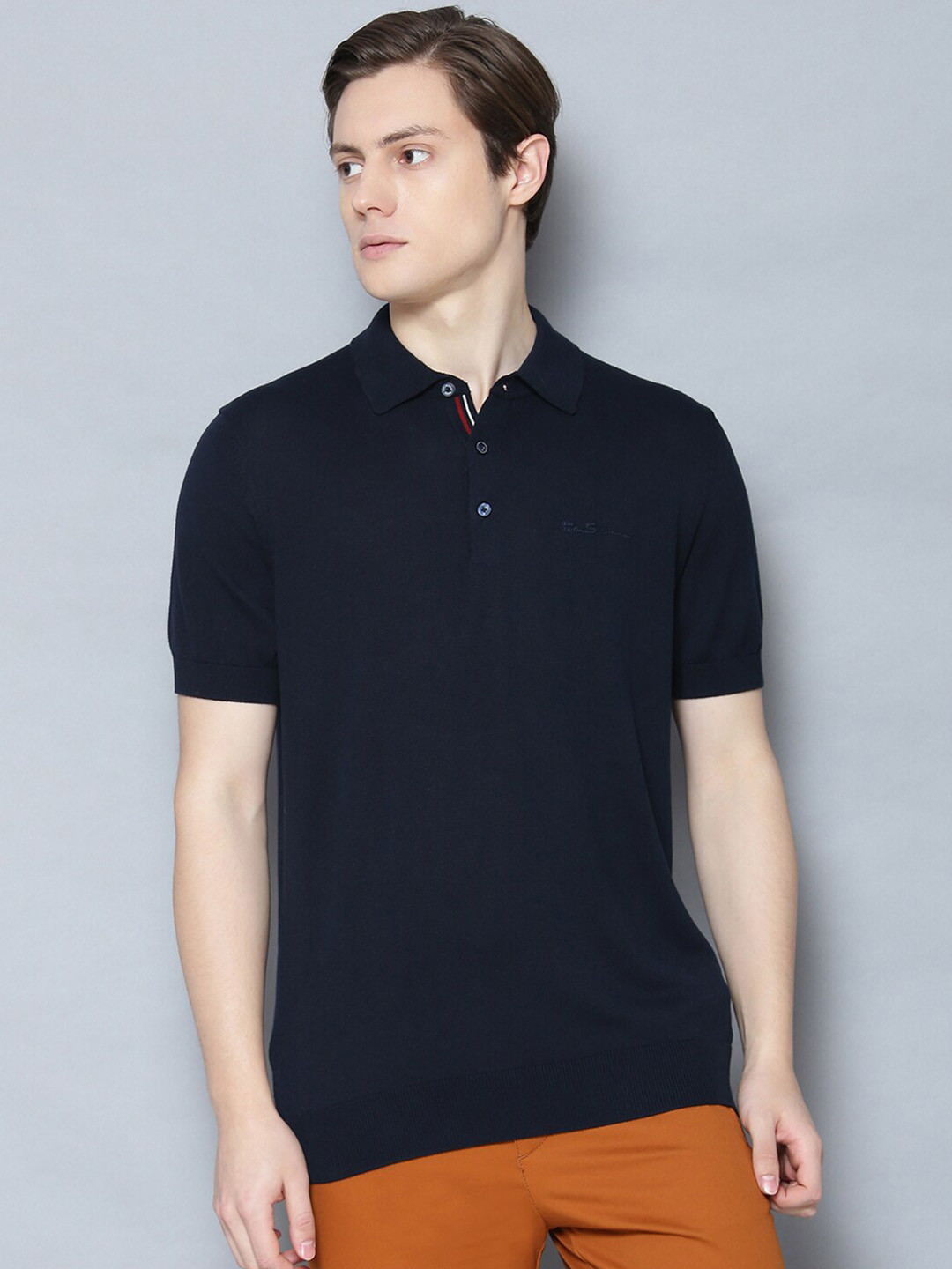 

BEN SHERMAN Men Navy Blue Solid Polo Collar Pure Cotton T-shirt
