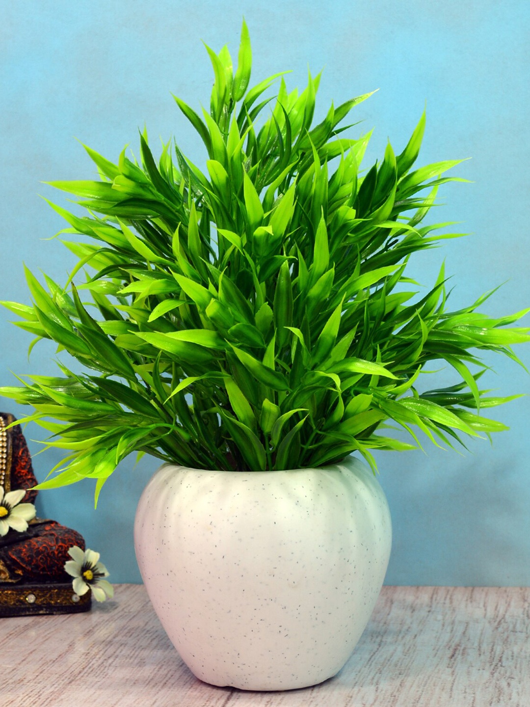 

fancy mart Green & White Artificial Bamboo Leaves In Apple Pot