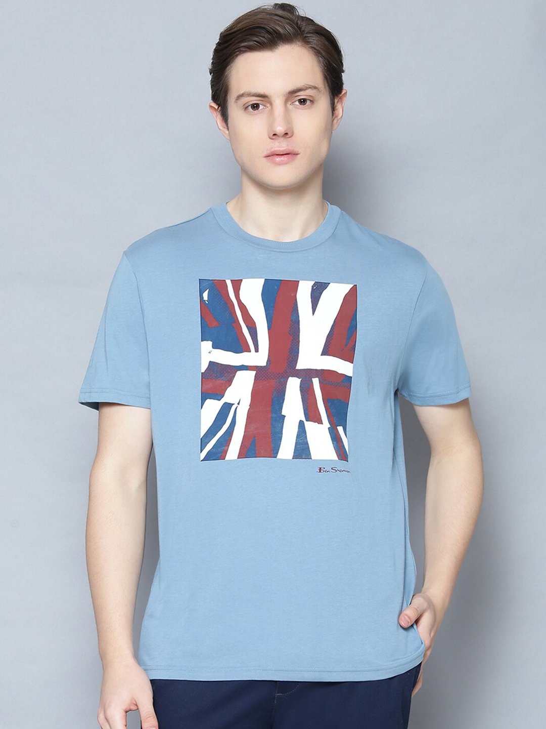 BEN SHERMAN Men Blue Printed Round Neck Organic Cotton T-shirt