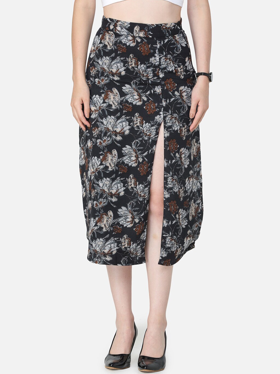 

SCORPIUS Women Black & Grey Floral Printed Straight Midi Skirt