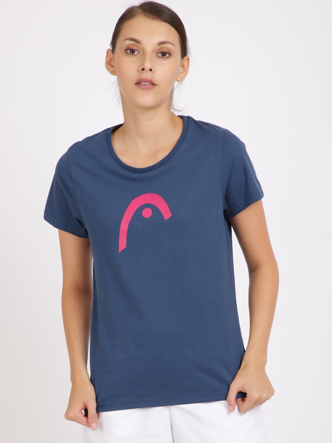 Head Women Navy Blue & Pink Printed Round Neck Sports T-shirt