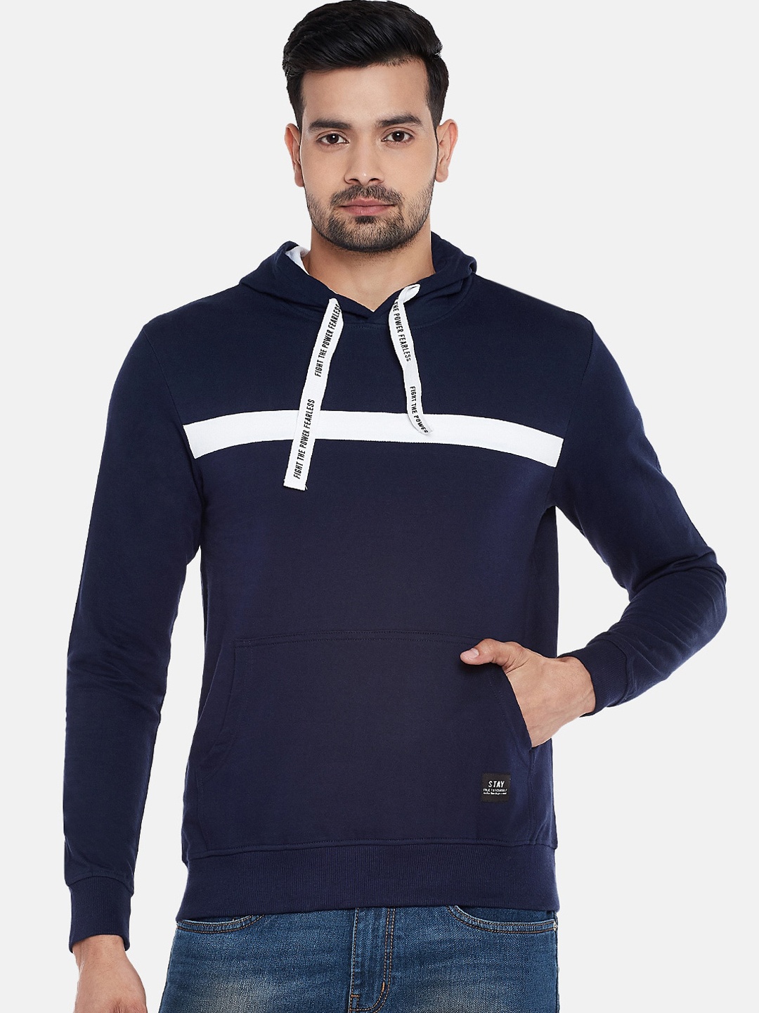 

People Men Navy Blue & White Striped Hooded Sweatshirt