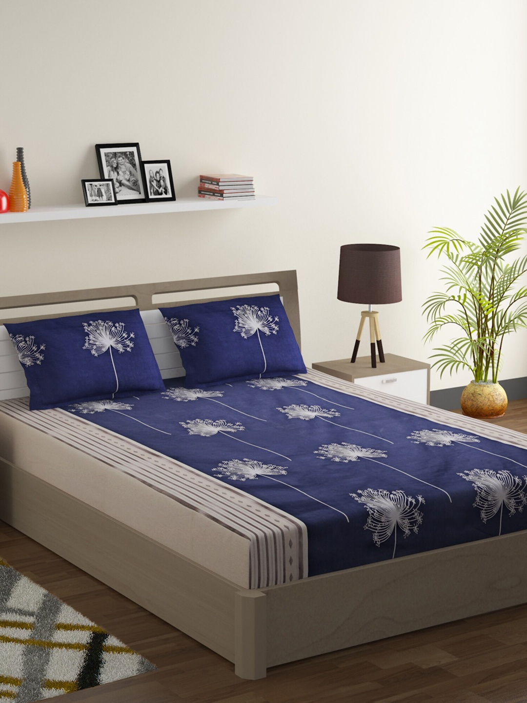 

SWAYAM Navy Blue & White Floral 200 TC Cotton 1 Queen Bedsheet with 2 Pillow Covers
