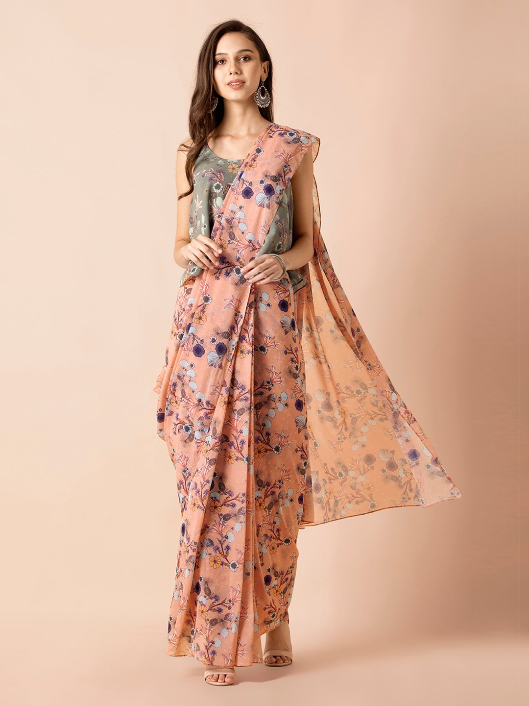 

INDYA X Payal Singhal Peach-Coloured Printed Pure Georgette Saree Skirt