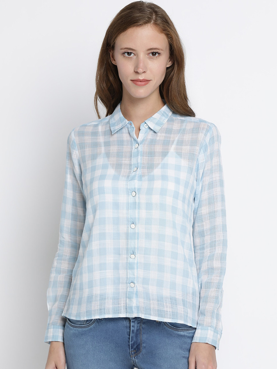 

Pepe Jeans Women Blue & Off-White Regular Fit Checked Casual Shirt