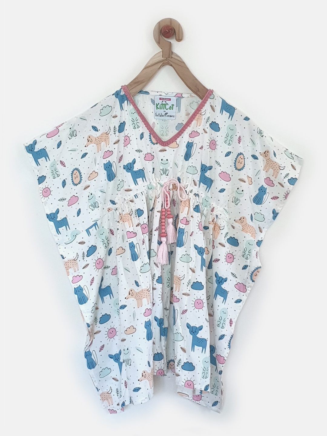 The Kaftan Company Girls White & Blue Cutesy Doodles Printed Nightdress