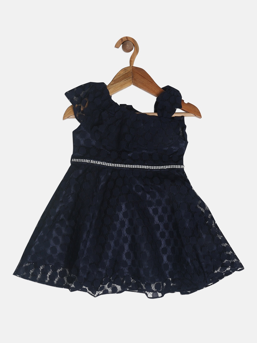 Peppermint Girls Navy Blue Self Design Fit and Flare Dress