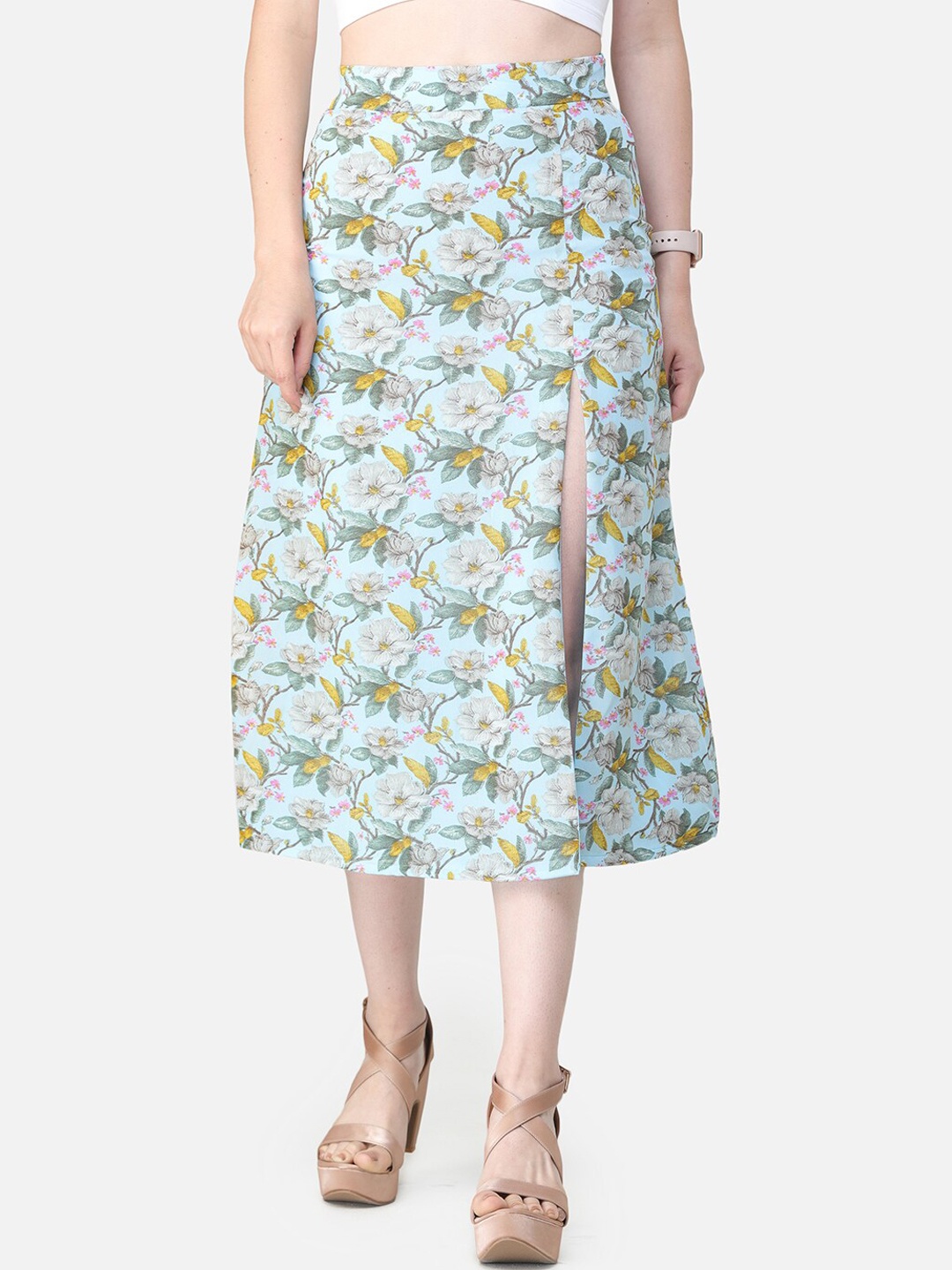 

SCORPIUS Women Blue & Yellow Floral Print Straight Midi Skirt