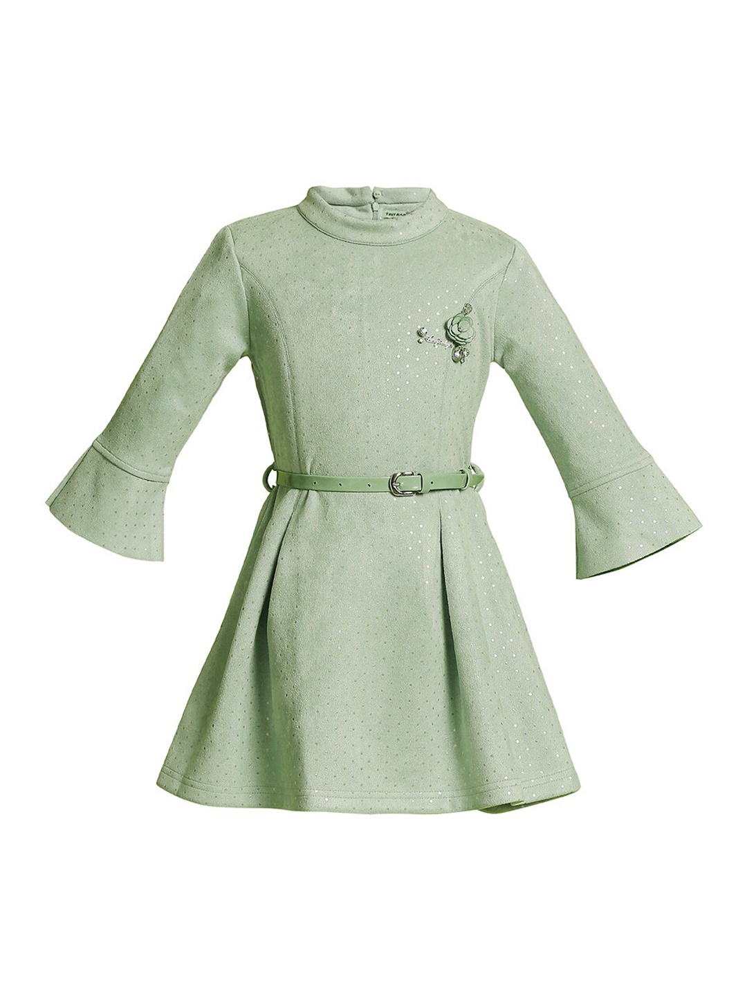 

Tiny Baby Girls Green Self Design Fit and Flare Dress
