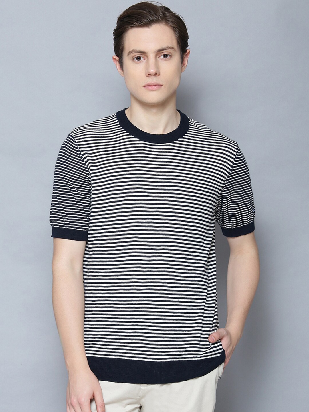 

BEN SHERMAN Men Navy Blue White Striped Round Neck Cotton Pure Cotton T-shirt