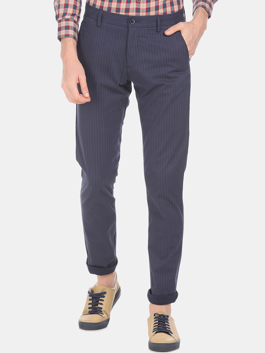 

Arrow Sport Men Navy Blue Regular Fit Striped Chinos