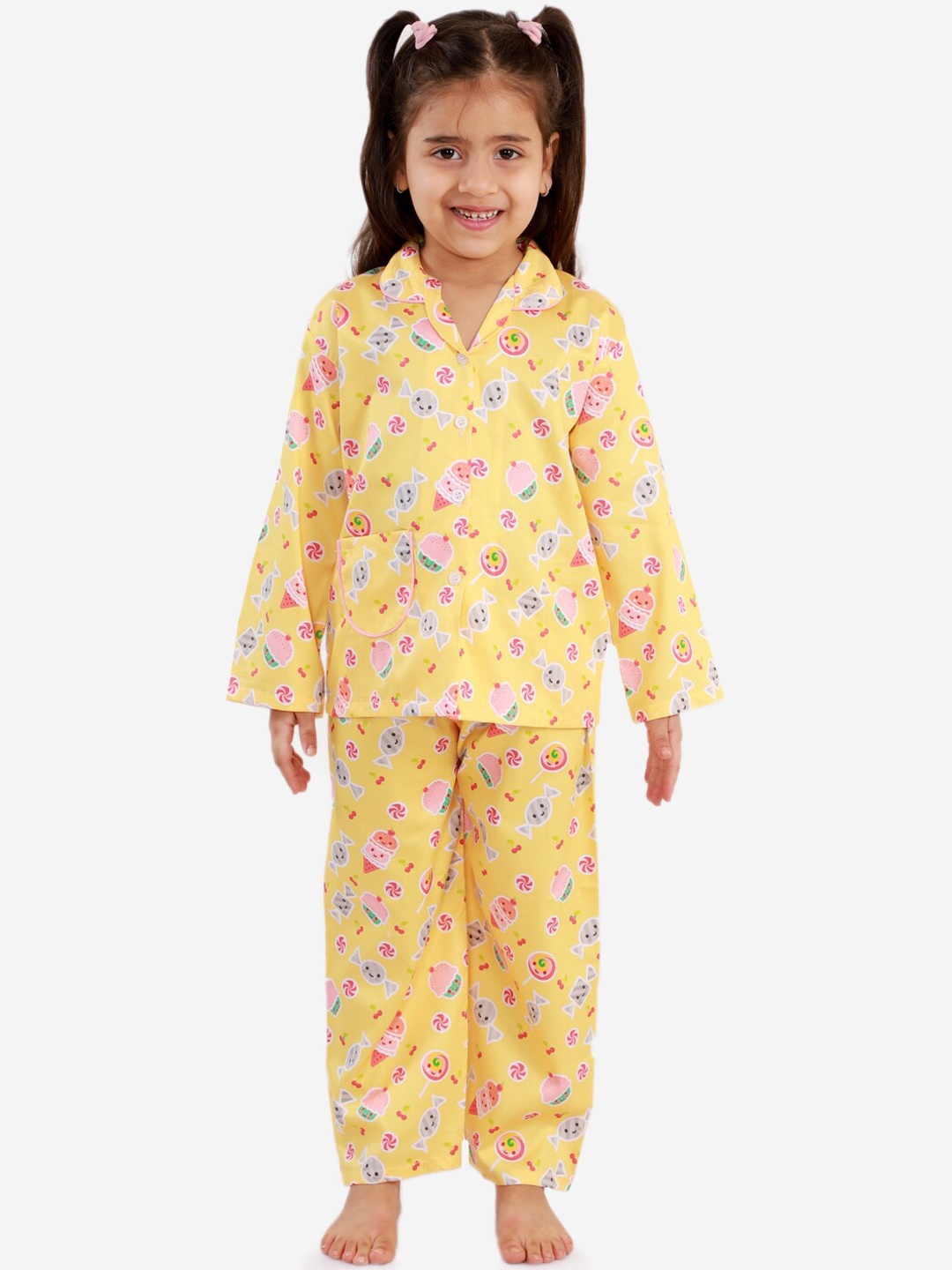 

KID1 Girls Yellow & Pink Printed Night Suit