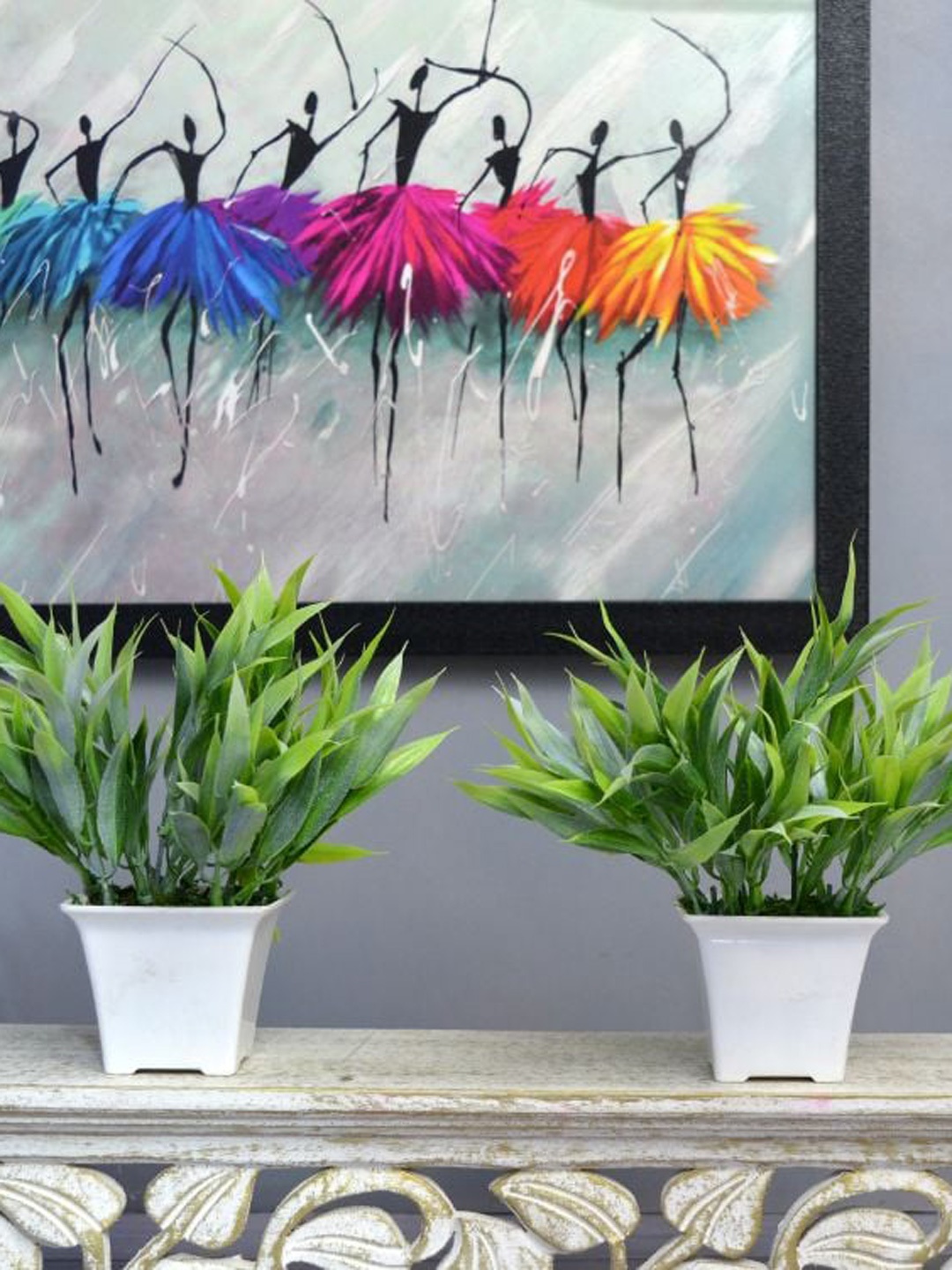 

fancy mart Set of 2 Green & White Artificial Bamboo Leaves With Pots