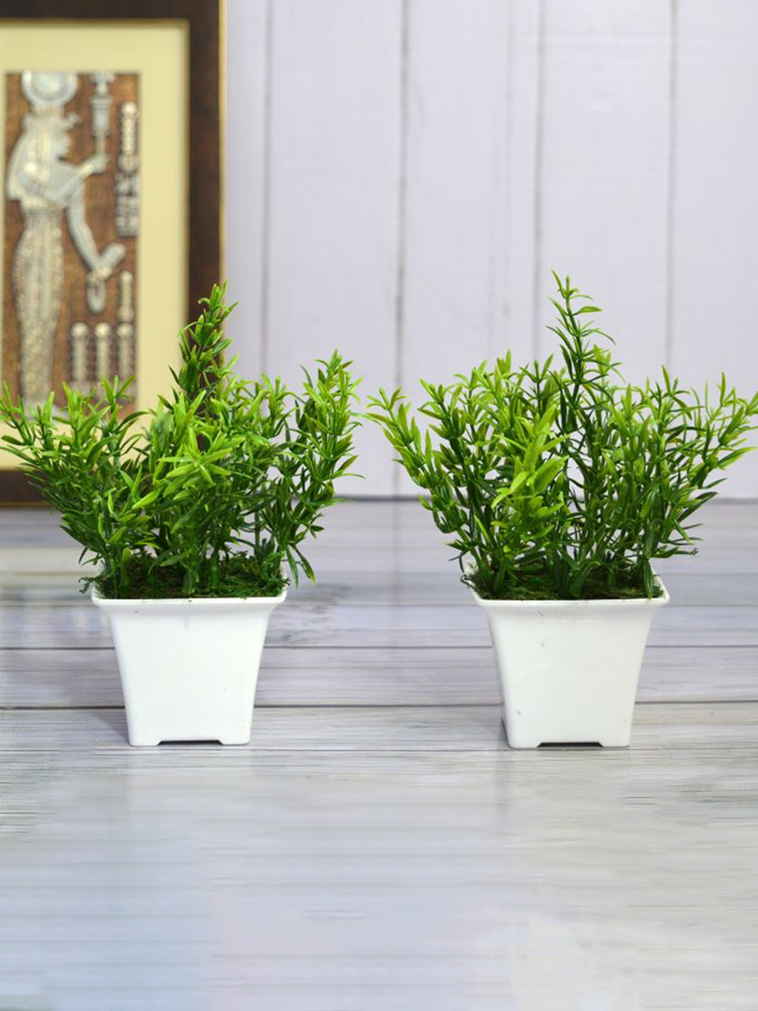 

fancy mart Set of 2 Green & White Artificial Spery Grass Plant With Pots