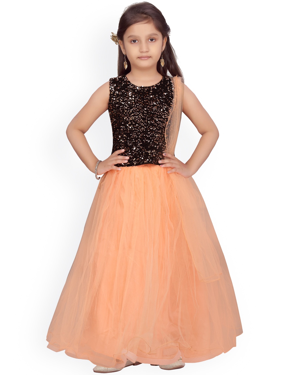

Aarika Girls Black & Peach-Coloured Embellished Ready to Wear Lehenga & Blouse with Dupatta