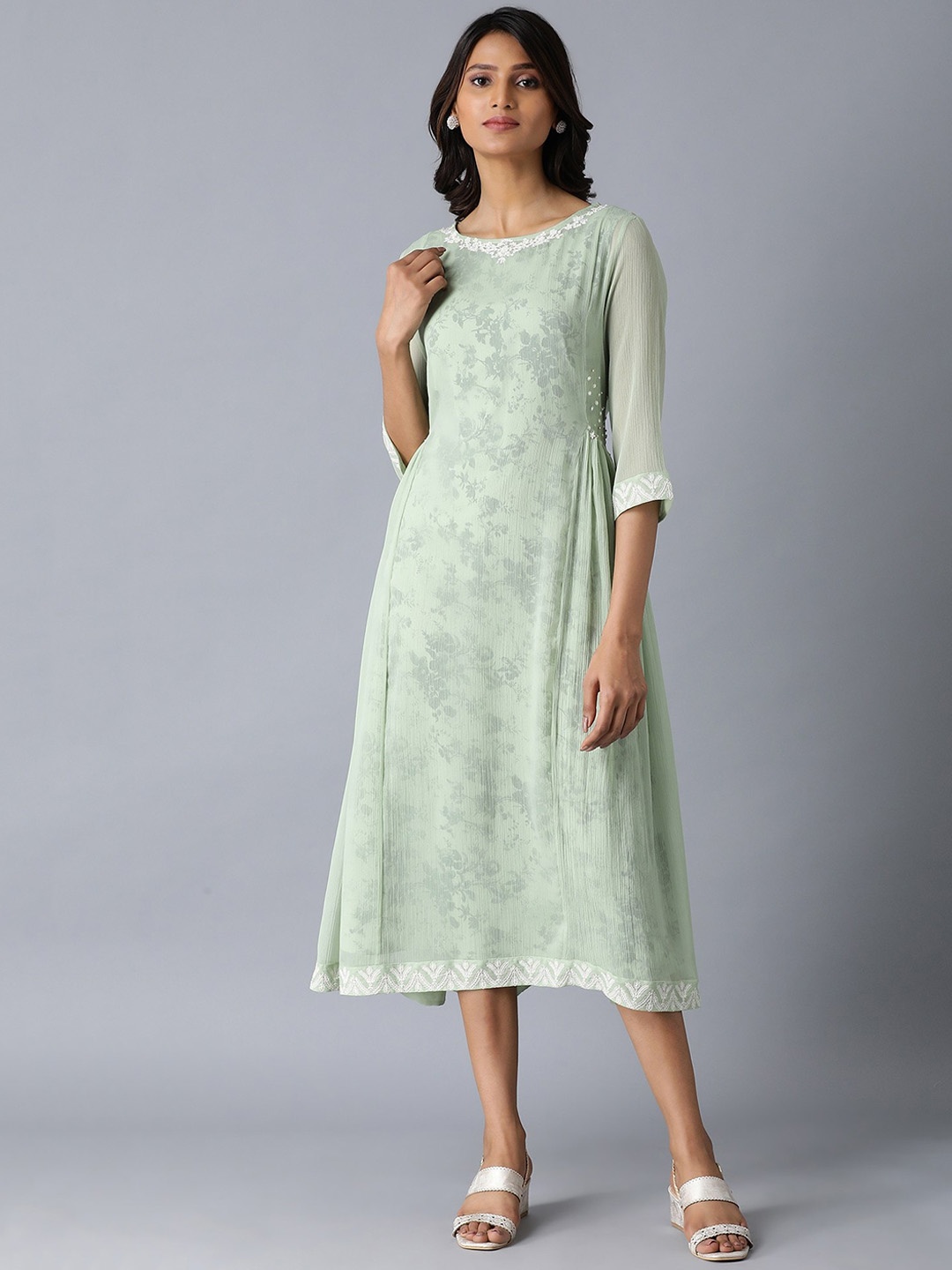 

W Women Green Printed A-Line Dress