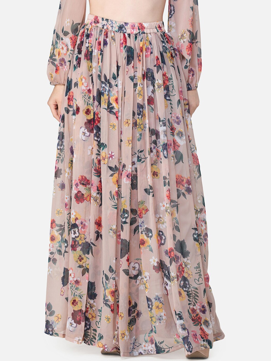 

SCORPIUS Women Beige & Red Floral Printed Flared Maxi Skirt
