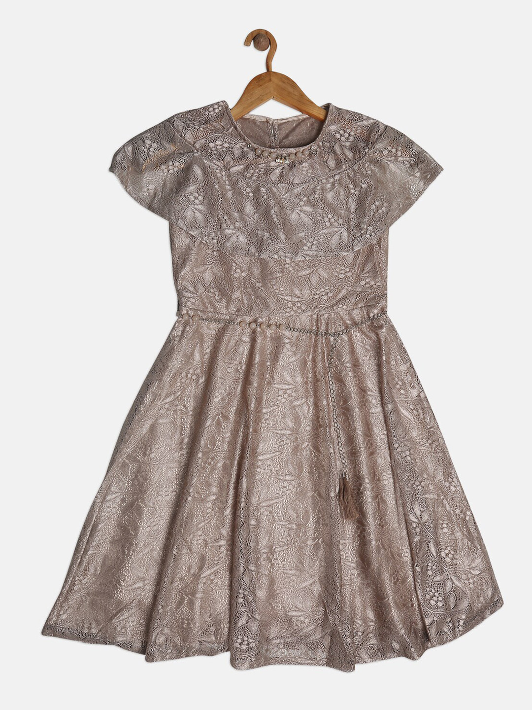 

Peppermint Girls Beige Self Design Fit and Flare Dress