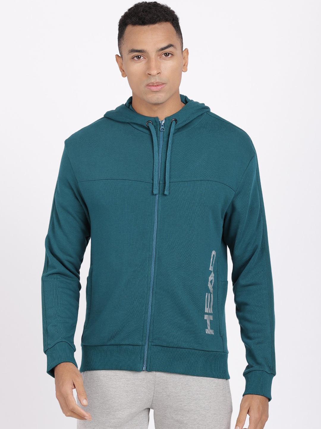 

Head Men Teal Blue Solid Hooded Sweatshirt