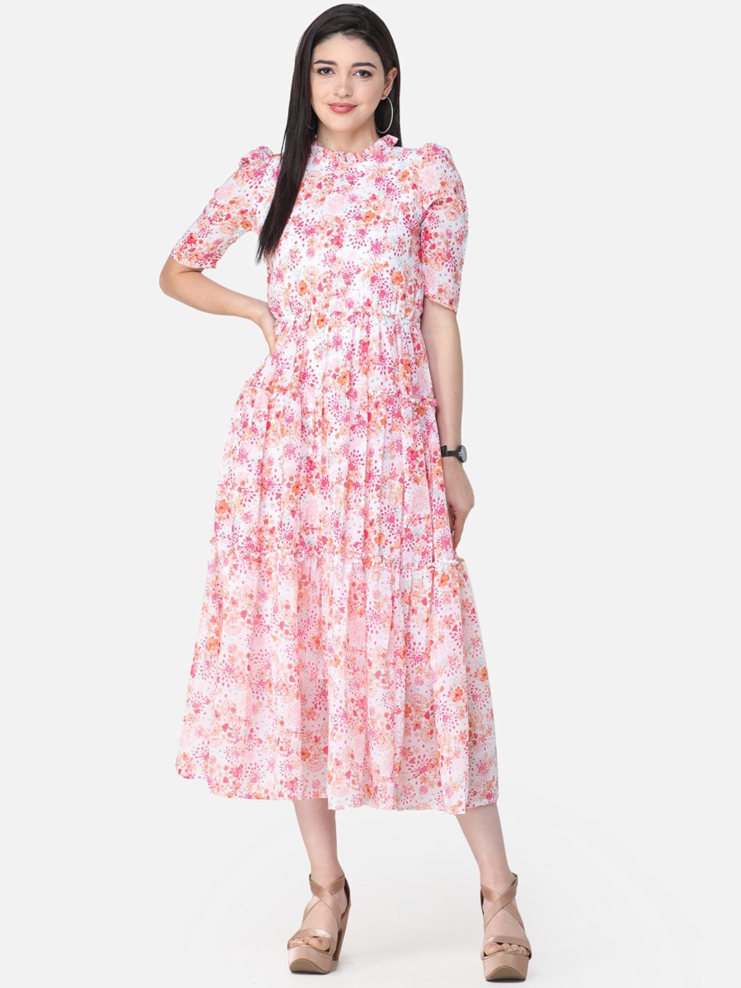 

SCORPIUS Women Pink Floral Printed Fit and Flare Tiered Midi Dress