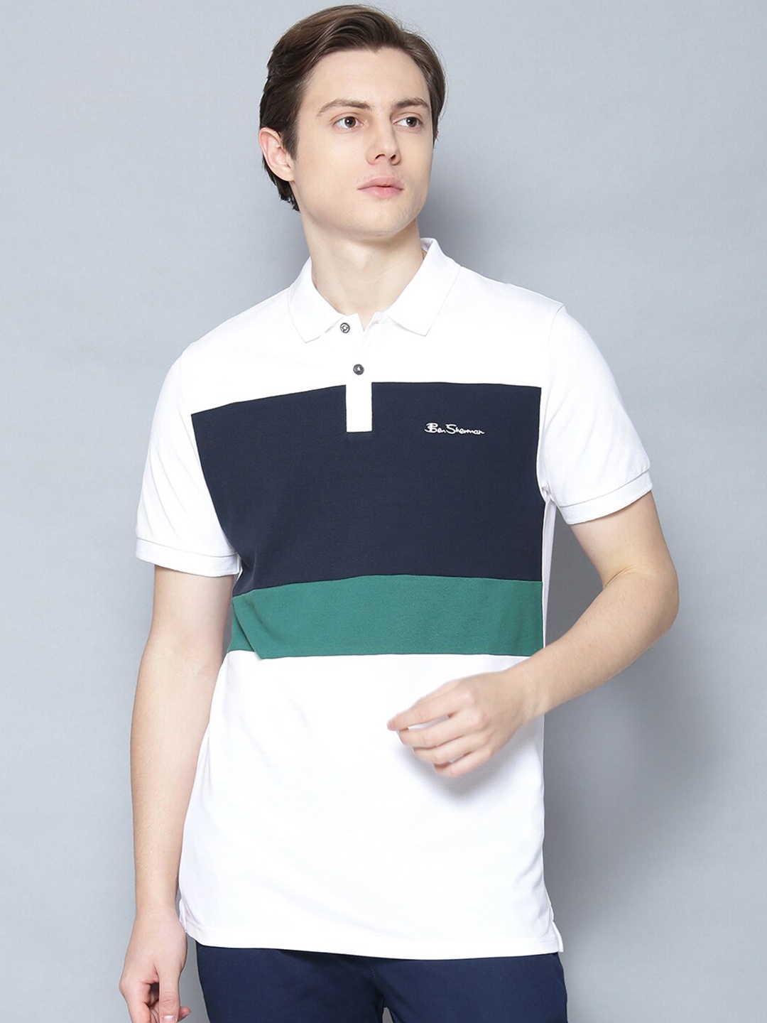

BEN SHERMAN Men White Colourblocked Organic Cotton Polo Collar Organic Cotton T-shirt