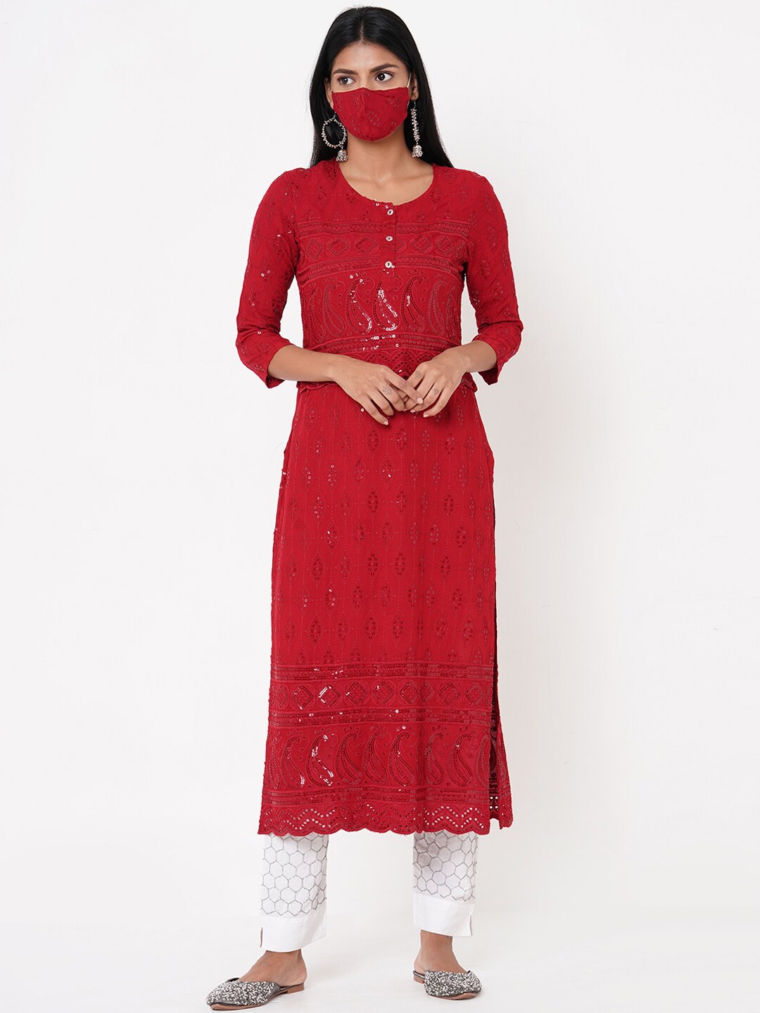 FASHOR Women Maroon Embroidered Thread Work Kurta