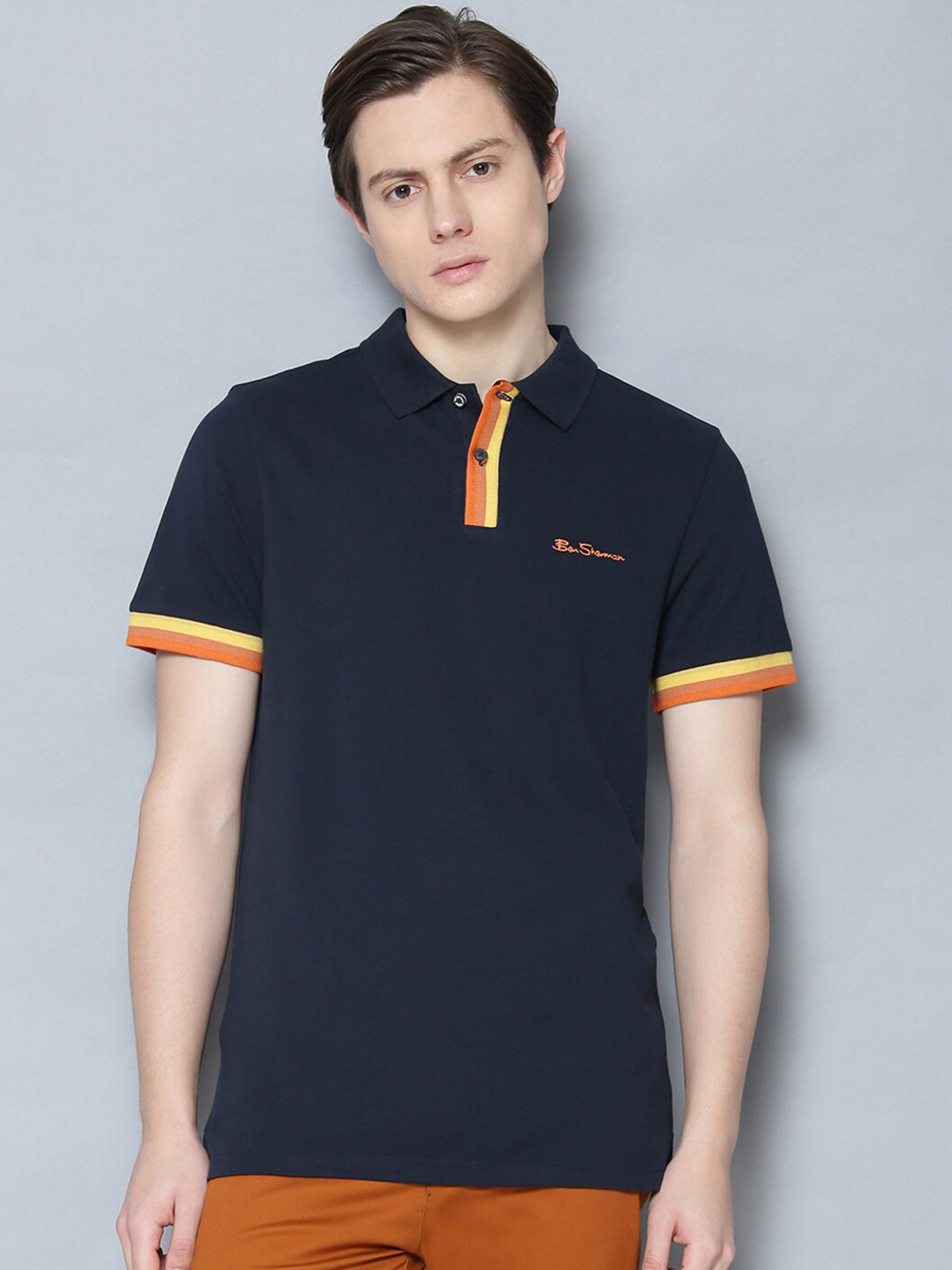 

BEN SHERMAN Men Navy Blue Solid Polo Collar T-shirt