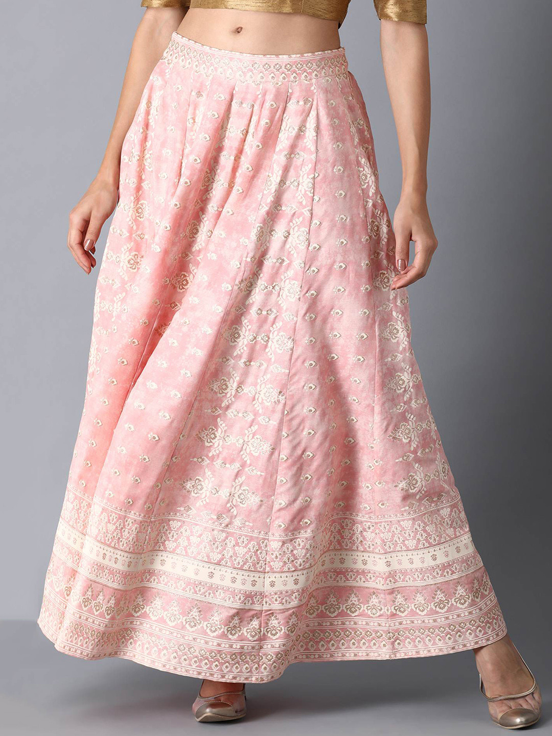 

W Women Pink & Off White Printed Maxi-Length Flared Skirt