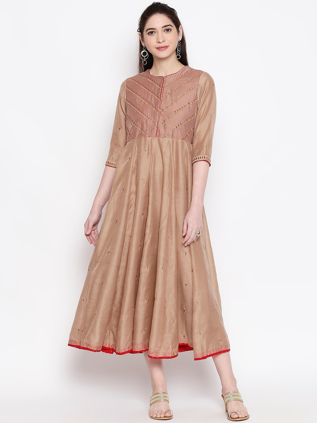 

RANGMANCH BY PANTALOONS Women Gold-Toned Printed Fit and Flare Dress