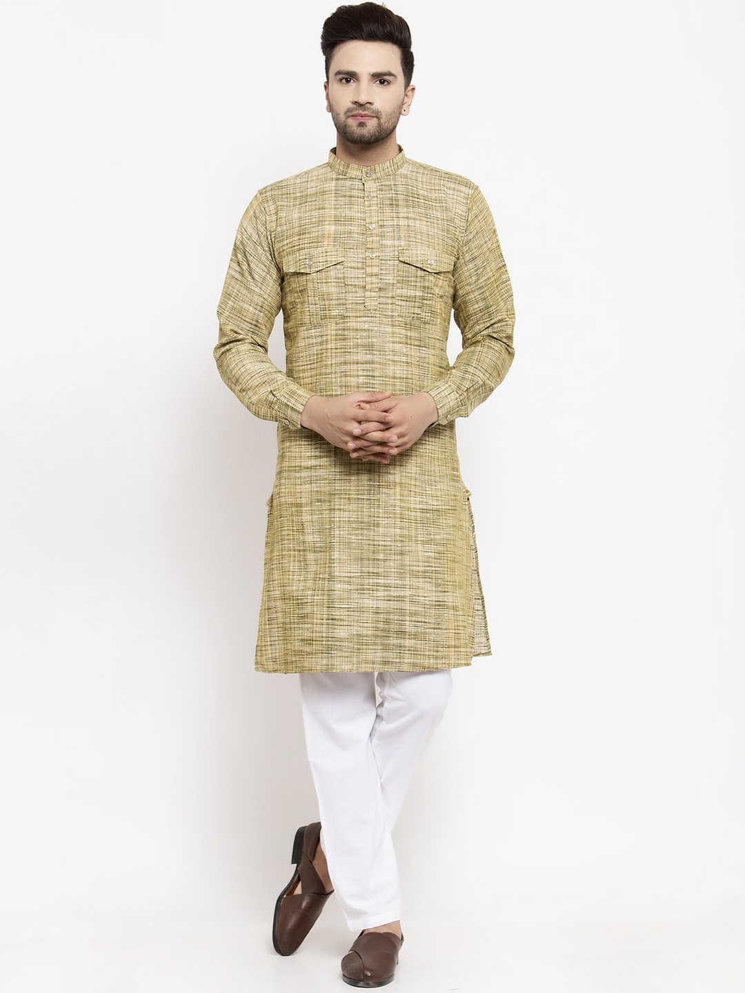 KLOTTHE Men Green & Off-White Woven Design Kurta with Pyjamas